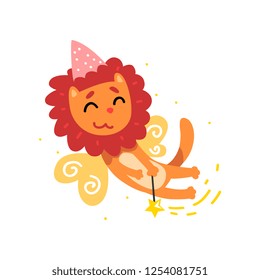 Cute winged lion in a party hat with a magic wand, fantasy fairy tale animal cartoon character vector Illustration