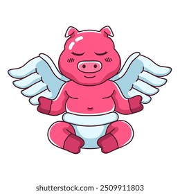 cute winged pig is meditating looking for peace.cartoon illustration on white background