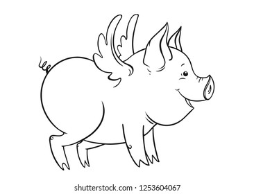 Cute winged piglet, hand drawn cartoon outline vector illustration