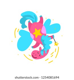 Cute winged pink horse flying with a magic wand, fantasy fairy tale animal cartoon character vector Illustration