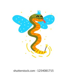 Cute winged snake with a magic wand, fantasy fairy tale animal cartoon character vector Illustration