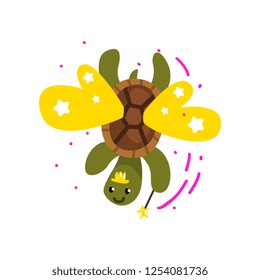 Cute winged turtle with a magic wand, fantasy fairy tale animal cartoon character vector Illustration