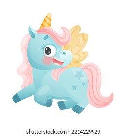 Cute Winged Unicorn with Twisted Horn and Pink Mane Vector Illustration