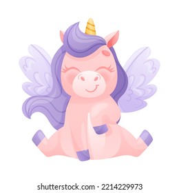 Cute Winged Unicorn with Twisted Horn and Purple Mane Sitting and Smiling Vector Illustration