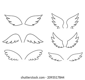 Cute wings set isolated on white background. Vector outline icons angel or bird stylized wings collections.