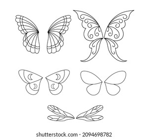 Cute wings set isolated on white background. Vector outline icons angel or bird stylized wings collections.