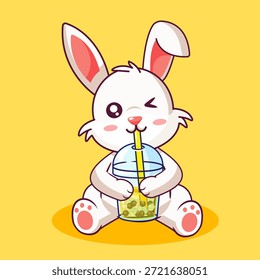 Coelhinho de Winking bonito Desfrutando de uma bolha refrescante chá vetor ilustração desenho animado Kawaii