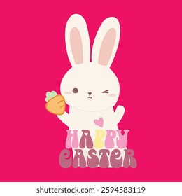 Cute Winking Bunny Holding Carrot with Happy Easter Text