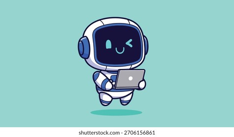 Ein süßer, zwinkernder Zeichentrickroboter in einem weiß-blauen Anzug, der mit einem silbernen Laptop schwebt. Der freundliche Android hat ein digitales Gesicht mit leuchtenden blauen Augen.