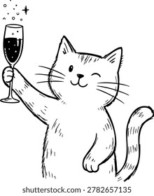 Cute Winking Cat Holding Champagne Glass Hand Drawn Vector Illustration | Funny Cat Celebration Doodle