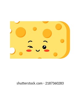 Cute winking cheese character with hole slices isolated on white background. Flat design cartoon style kawaii piece of yellow cheese illustration. Wink organic milk food mascot vector emoji.