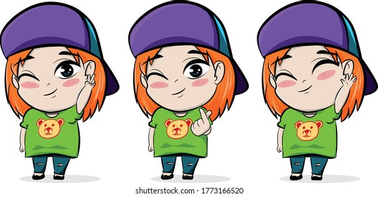 cute winking chibi in peace, heart sign and hi/bye expression