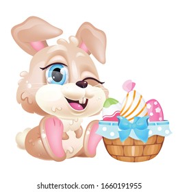 Cute winking Easter hare kawaii cartoon vector character. Adorable and funny animal Pascha symbol isolated sticker, patch. Anime baby rabbit sitting with eggs festive basket emoji on white background