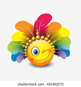 Cute winking emoticon isolated on white background with carnival headdress motive - smiley - vector illustration
