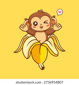 Cute Winking Monkey Peeking from a Banana Vector Illustration Cartoon Design Kawaii