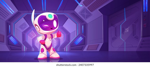 Cute winking robot astronaut with thumbs up standing in space ship hall interior. Cartoon vector illustration of futuristic shuttle station corridor room with closed doors and gates, glowing panels.