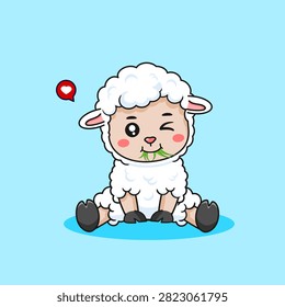 Cute Winking Sheep Eating Grass Cartoon Vector Illustration Kawaii Animal