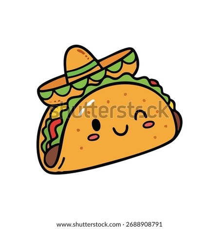 Cute Winking Sombrero Taco. This cheerful tortilla character, adorned with a festive hat, expresses delight and playful charm, symbolizing happy moments and delicious meals.