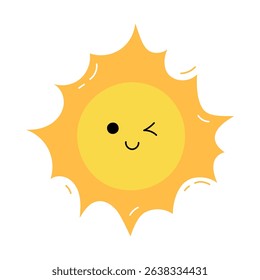 Cute winking sun isolated vector illustration. Summer symbol in playful style. Happy Sun with smiling face, ideal for summer, kids, or cheerful seasonal design projects.
