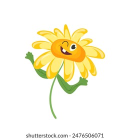 Cute winking yellow chamomile flower cartoon character feeling happy and fun vector illustration