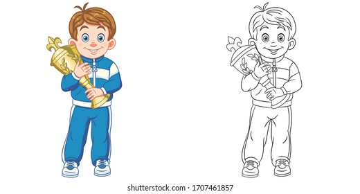 Cute winner boy holding award trophy. Coloring page and colorful clipart character. Cartoon design for t shirt print, icon, logo, label, patch or sticker. Vector illustration.