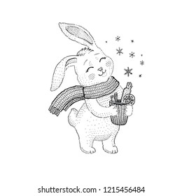 Cute Winter animal, baby bunny. Merry Christmas cartoon pet icon. Happy rabbit with seasonal symbols. Girl t-shirt print, coloring book, greeting card. Hand drawn symbol, vector illustration isolated 