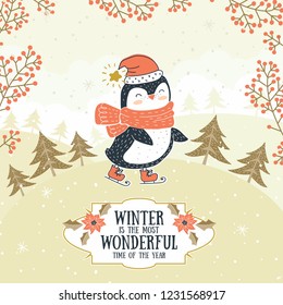 Cute winter animal card. Penguin hand drawn illustration. Card template design.
