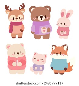 Lindas Ilustraciones de animales de invierno. Personajes Kawaii en trajes cómodos. Adorables animales de invierno. Personajes de dibujos animados con ropa de abrigo. Amigos de los animales de invierno Kawaii.