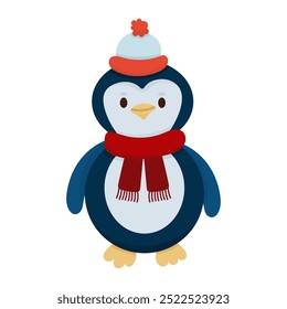 Cute winter animal penguin in warm clothes scarf and hat. Illustration cartoon character.