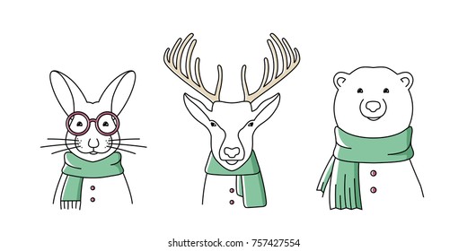 Cute winter animal set. Bunny, deer, and bear wearing winter clothes and warm scarfs. Line art vector illustration