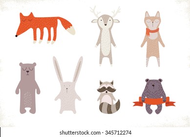 cute winter animal set. vector illustration