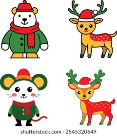Lindo Vector de animales de invierno Conjunto de ciervos, elfos, ratones, osos en sombrero rojo.