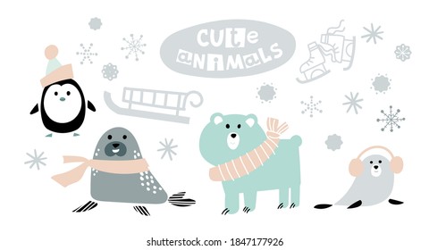 Cute winter animals of the Arctic. Vector illustration in Scandinavian style