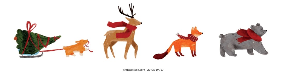 Cute winter animals  - bear, fox, dog and reindeer, with a Christmas tree, watercolor. Collection of Vector  illustrations, ready to print. Perfect for invitation, card, poster, banner, decorations