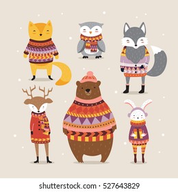 Cute Winter Animals In Boho Style. Hipster Winter Animals