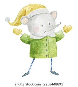 cute winter animals, childish hand painted illustration. Christmas art, new year