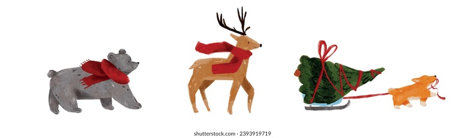 Cute winter animals with a Christmas tree, watercolor. Collection of Vector  illustrations. Cozy Watercolor clip art elements, ready to print. Perfect for invitation, card, poster, banner, decorations