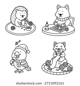 Cute Winter Animals Coloring Activities Line Art. Black and White Outline Flat Cartoon Style Vector Illustration