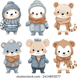 Cute Winter Animals in Cozy Outfits – Adorable Cartoon Characters in Warm Clothes