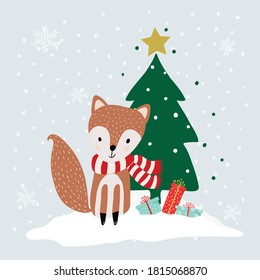Cute winter animals, Merry Christmas card, vector illustration.
