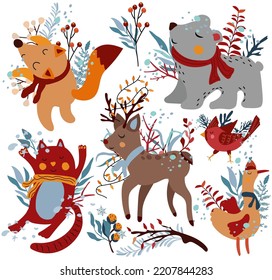 Cute winter animals, polar bear, funny fox in a scarf, northern cardinal, funny cat and flowers and leaves.Cute winter animals for greeting cards, poster, postcard, banner. Vector