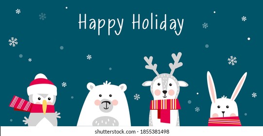 Cute winter animals with scarfs. Merry chritmas and happy new year. Happy holiday. Vector illustration
