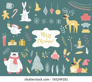 Cute winter animals set in adorable cartoon flat style. Birds, plants and christmas decorations included. 