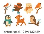 Cute winter animals set including owl, deer, bear, penguin and birds, flat vector illustration.