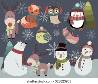 Cute Winter Animals and Snowmen Vector Set