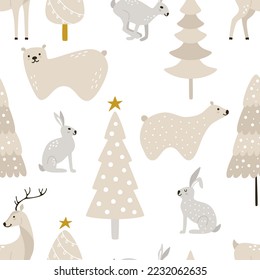 Cute winter animals in the snowy pine forest in Nordic style. Seamless vector pattern with hares, bears, and deer. New Year and Christmas holidays