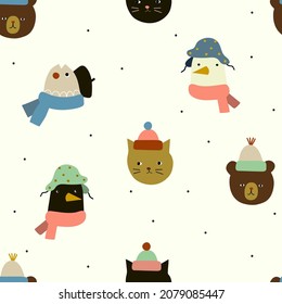 Cute winter animals. Vector hand-drawn kids Christmas  winter print design for fabric or wrapping paper. Animal Holiday vector illustration.