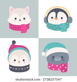 Cute Winter Arctic Animal Head Set Arctic Fox Penguin Snowy Owl Seal Flat Vector Illustration