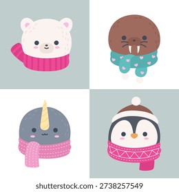 Cute Winter Arctic Animal Head Set Polar Bear Walrus Narwhal Penguin Flat Vector Illustration
