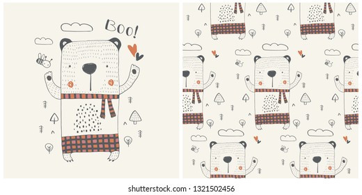 Cute winter baby Bear. hand drawn color character with seamless pattern.Can be used for t-shirt print, kids wear fashion design, baby shower invitation card. - Vector 